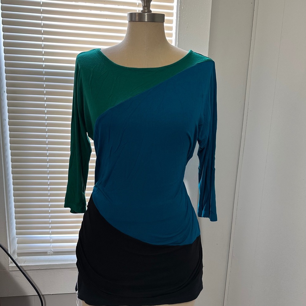 Motherhood Maternity Womens Medium Colorblock 3/4 Sleeve Blouse Green Blue Black